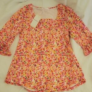 Papaya Pink Floral Blouse with Square Neck